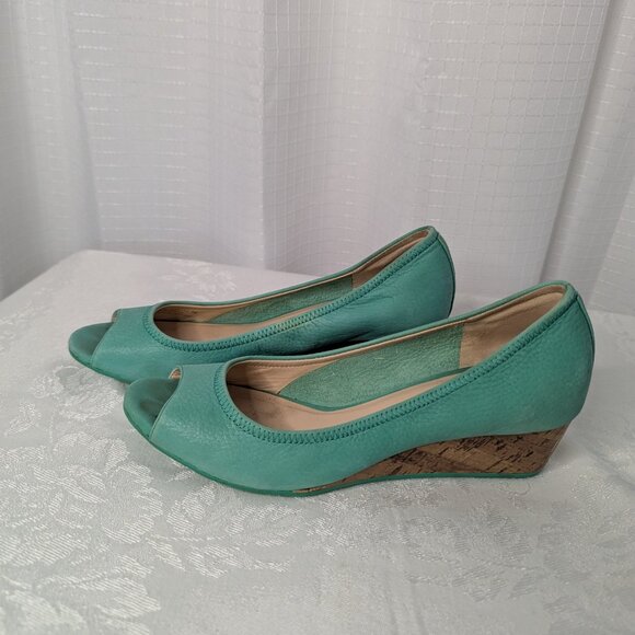 Cole Haan Turquoise  Peep Toe Wedges , Suede Leather, Size 7B - Picture 4 of 5